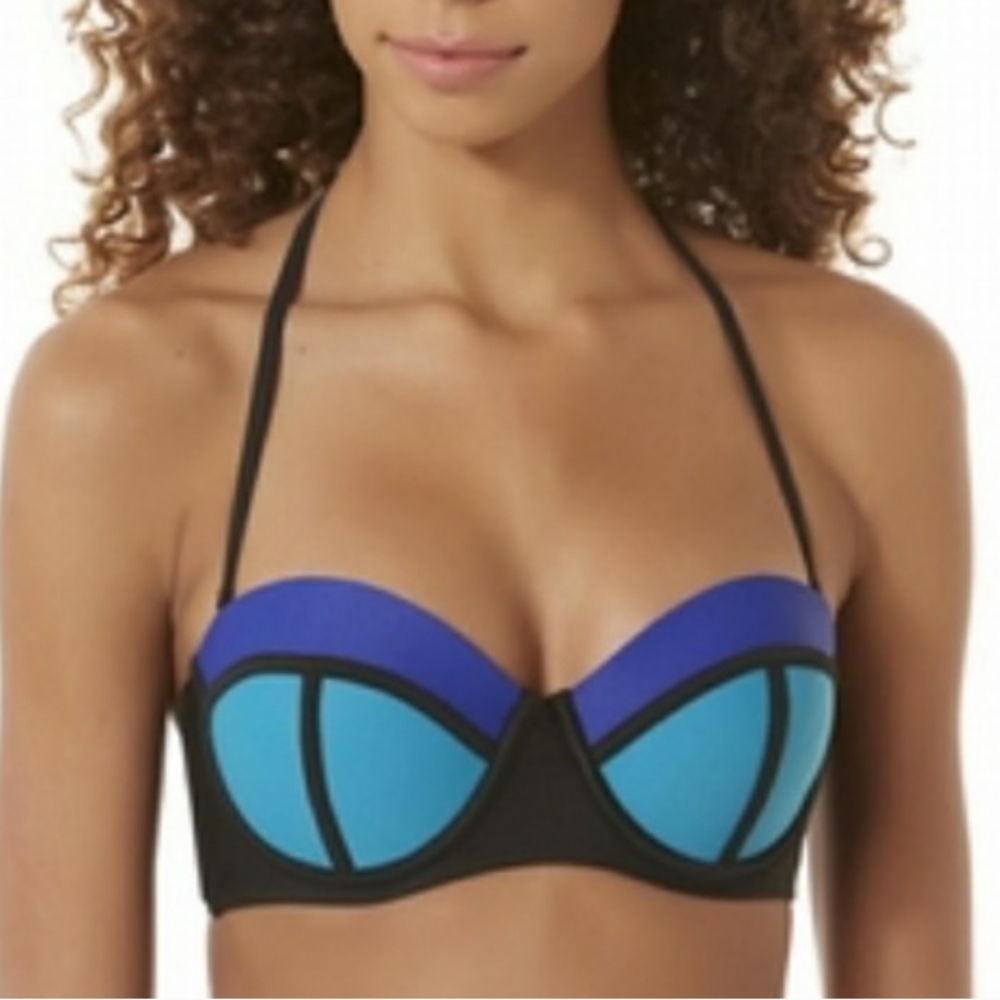 BONGO colorblock Bikini Top XS Faux Neoprene halter Removeable strap Swimwear